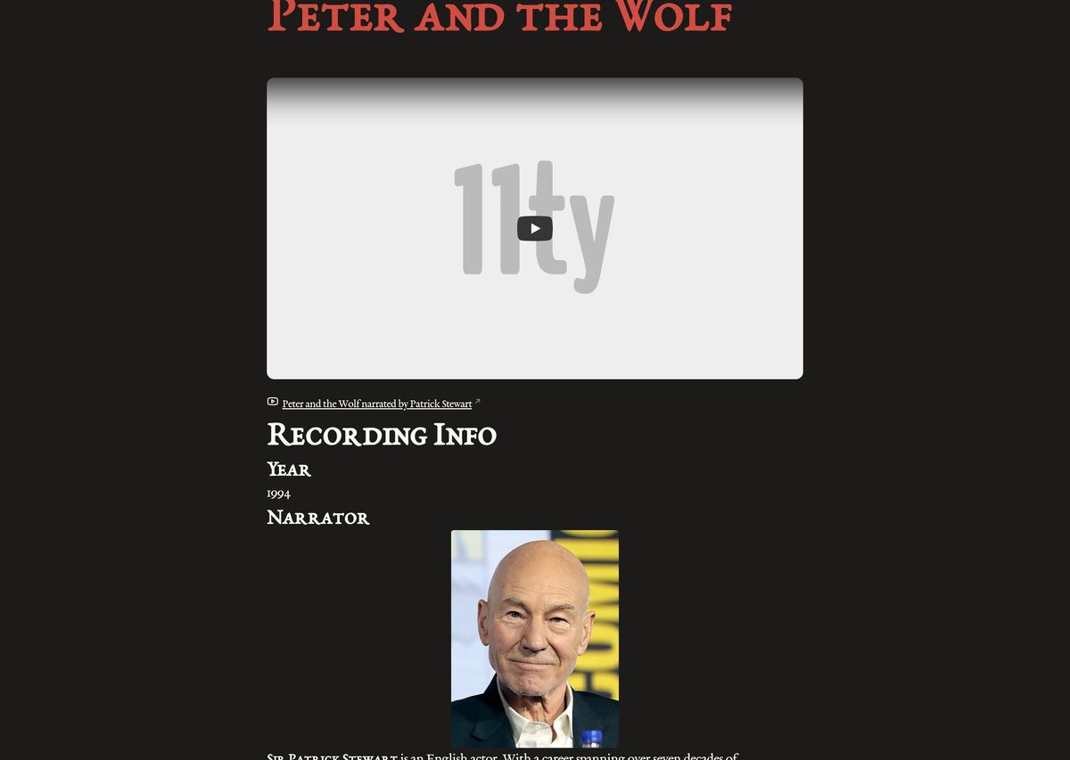 A screenshot of my Peter and the Wolf page for Patrick Stewart's recording.